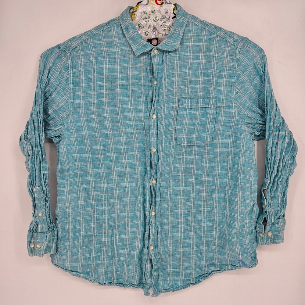 Tommy Bahama‎ Shirt Mens XXXL Linen Long Sleeve Button Up Blue White Check